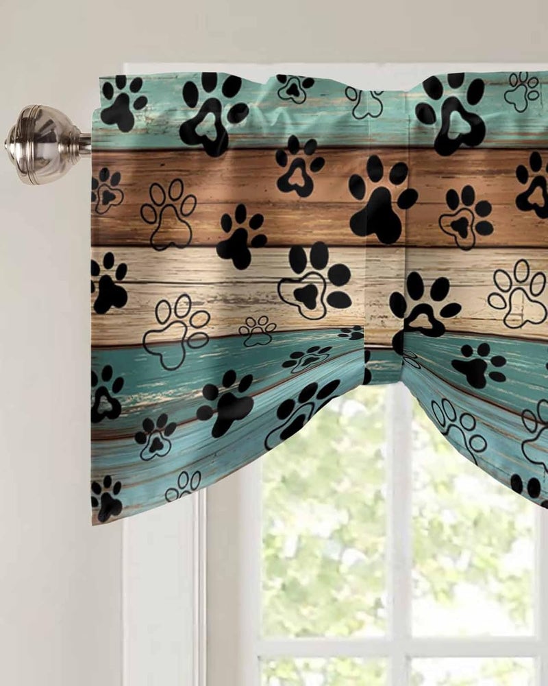RisQiten Dog Paw Print Tie Up Valance Curtains for Windows, Teal Brown Beige Wooden Kitchen Curtains Window Treatments, Farmhouse Short Window Shades Valances for Bedroom Bathroom Cafe 54"x18" - Image 3
